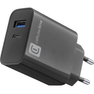 Cellularline Multipower 220V PD 32W Зарядно с два порта за зареждане, цвят черен 12146