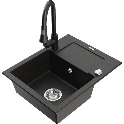 Mexen Enzo мивка гранитна с 1 отделение с отцедник и кухненски смесител Elia, черен/златен металик - 6506-75-670101-70 (6506-75-670101-70)