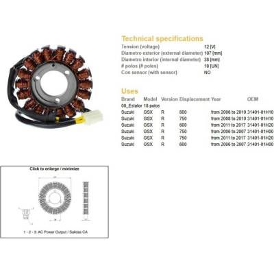 DZE stator (vinutí) alternátoru SUZUKI GSX 600R 08-17; GSX 750R 06-17 (31401-01H20)