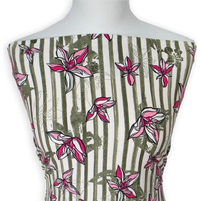 Metráž - Úplet Vis/Ly KHAKI PRUH KYTKY - látka na šaty, sukně a halenky