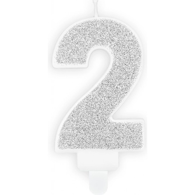 Narozeninová svíčka třpytivě stříbrná "číslo 2", 7 cm