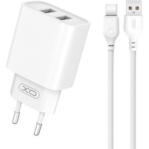 XO CE02C мрежово зарядно устройство, 2 USB гнезда, 10, 5 W, бързо зарядно устройство + кабел Type-C, БЯЛ XO-CE02C (XO-CE02C TYPE-C)