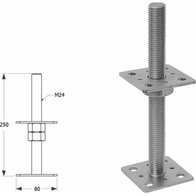 Domax zaskrutkovacia pätka stĺpika nastaviteľná závitová PSR 80 M24 - 80 x 250 x M24 x 4 mm 8 ks