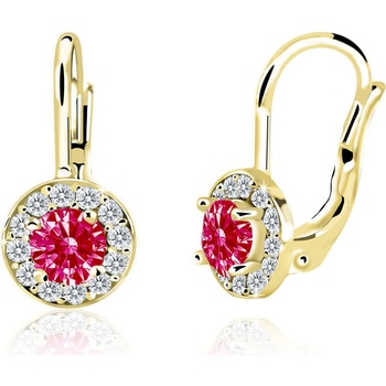 Duppi dievčenské náušnice okrúhle| DU 32039 zo žltého zlata s kamienkami uprostred rubínovo červenými okolo bielymi zapínánie klapka