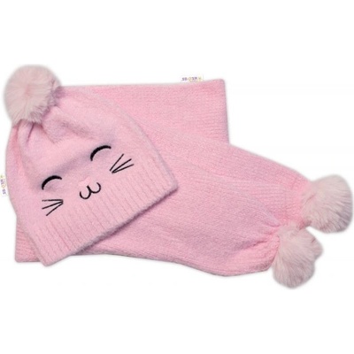 Baby Nellys Zimná čiapka s brmbolcom šál Kitty ružová