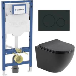 Rune Комплект казанче за вграждане Geberit Duofix с комплект за фиксиране и бутон Sigma01, гланцирано черно, плюс тоалетна чиния Rune Ivaldi с капак softclose (111.928.00.6+115.770.DW.5+5940541330424)