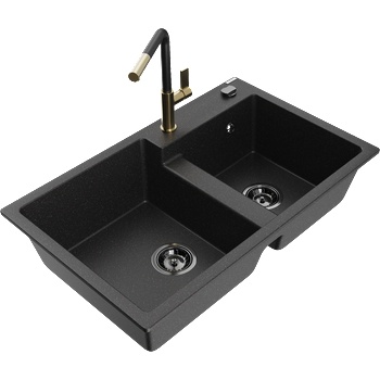 Mexen Tomas гранитна мивка с 2 отделения с кухненски смесител Flora, черен/сребрист металик - 6516-73-670401-57-B (6516-73-670401-57-B)