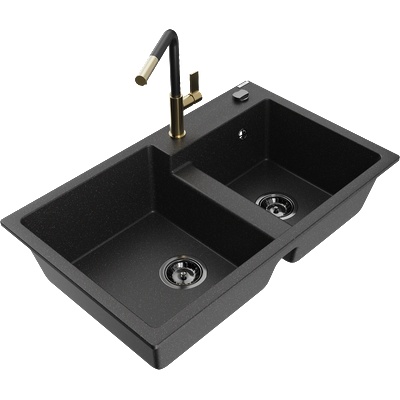 Mexen Tomas гранитна мивка с 2 отделения с кухненски смесител Flora, черен/сребрист металик - 6516-73-670401-57-B (6516-73-670401-57-B)