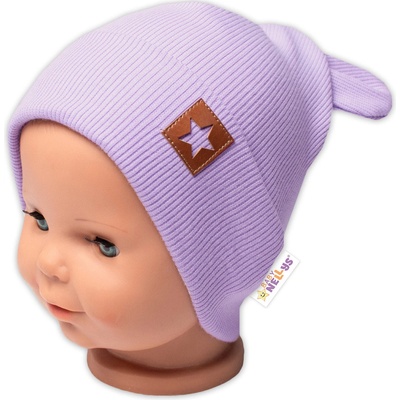 Baby Nellys Rebrovaná dvojvrstvová čiapka s uškami Teddy lila