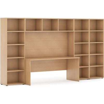 Zostavy knižníc INTEGRO so stolom, nižšie/širšie, 3350x700/400x1923 mm, buk