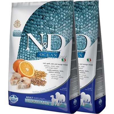 N&D Ocean Dog Adult Medium & Maxi Low Grain Cod Spelt Oats & Orange 2 x 12 kg