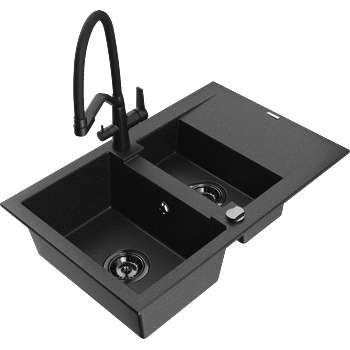 Mexen Gaspar гранитна мивка 1, 5-камерна с отцедник и кухненски смесител Duo, черен/сребрист - 6507-73-671701-70-B (6507-73-671701-70-B)