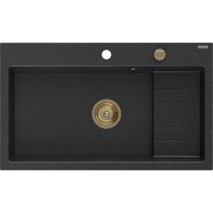 Mexen Omar гранитна мивка с 1 отделение 800 x 480 mm, черен/сребърен металик, златен сифон - 6520801005-73-G (6520801005-73-G) Мивка за вграждане
