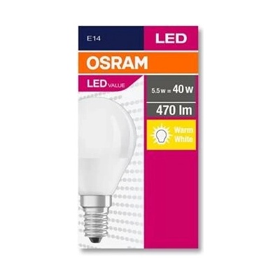 Osram LED žiarovka, E14, malá guľa, P45, 5,7W, 470 lm, 2700K MF, "Value"