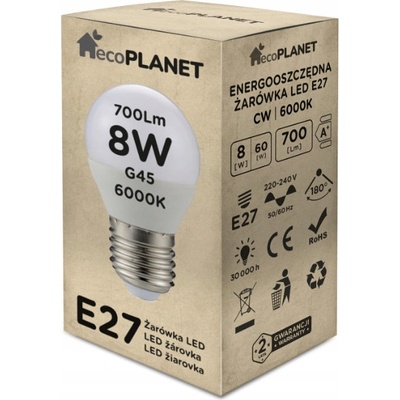 ecoPLANET LED žiarovka E27 G45 8W 700lm studená biela