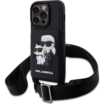 Image 1 of KARL LAGERFELD Saffiano Crossbody Karl and Choupette NFT Case - дизайнерски кожен кейс с връзка за носене за iPhone 14 Prо (черен)