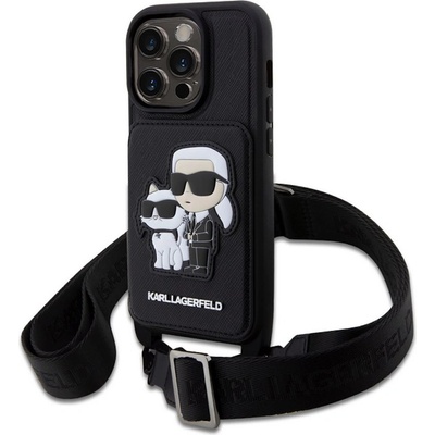KARL LAGERFELD Saffiano Crossbody Karl and Choupette NFT Case - дизайнерски кожен кейс с връзка за носене за iPhone 14 Prо (черен)
