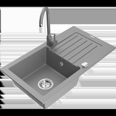 Pablo кухненска мивка от гранит с 1 отделение с отцеждащо място и кухненски смесител Telma, сив - 6510-71-670200-71 (6510-71-670200-71)