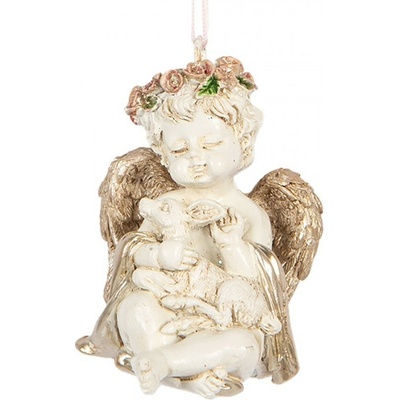 Clayre & Eef Béžovo-zlatá antik vánoční závěsná dekorace andílek Angel - 5*4*6 cm