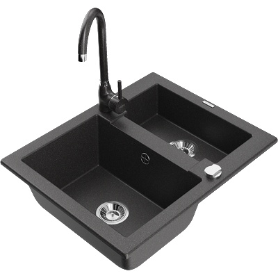 Mexen Carlos гранитна мивка 1, 5-каморова с кухненски смесител Telma, черен на пръски - 6518-76-670200-76 (6518-76-670200-76)