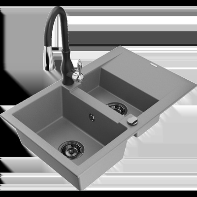 Gaspar гранитна мивка 1, 5-камерна с отцедник и кухненски смесител Savita, сива - 6507-71-672601-70-B (6507-71-672601-70-B)