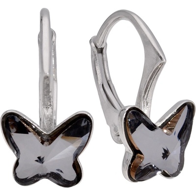 Swarovski Elements Butterfly dětské stříbrné náušnice visací černo šedý motýl motýlci 31251.1 Silver Night černá šedá duhová