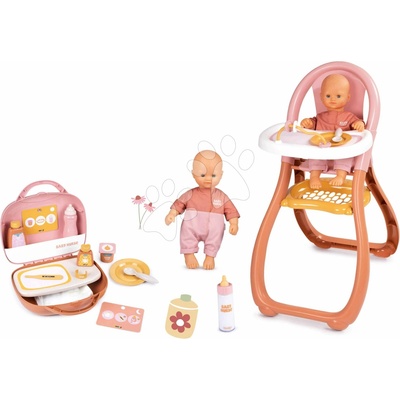 Smoby Set v dupačkách v jedálni Doll Baby Nurse s jedálenskou stoličkou s fľaškou a prebaľovací kufrík