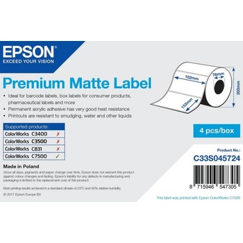 Epson C33S045724 Preмiuм Matte, за ColorWorks, 102x152мм, 800 бр, бели самозалепващи етикети (C33S045724)