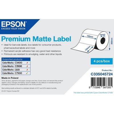 Epson C33S045724 Preмiuм Matte, за ColorWorks, 102x152мм, 800 бр, бели самозалепващи етикети (C33S045724)