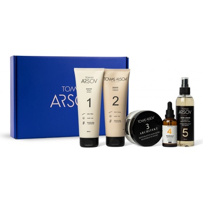 Tomas Arsov Péče o poškozené vlasy BONFIRE Šampon 250 ml + Oplachový kondicionér 250 ml +ARCHITEKT maska 250 ml + Marulový olej s vitamínem E 50 ml + HAIR LIQUID Keratin. voda 200 ml dárková sada