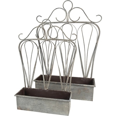 Clayre & Eef sivý antik kovový kvetináč s okrasou 49 x 15 x 70 cm / 38 x 12 x 55 cm 2 ks