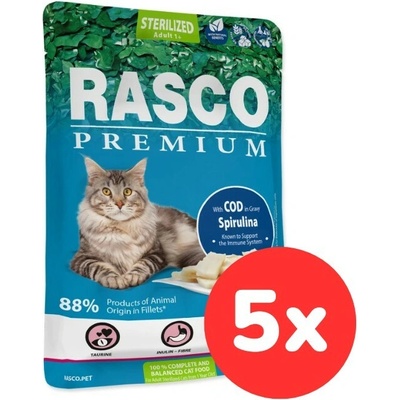 RASCO Premium Cat Pouch Sterilized, Cod, Spirulina 5x85 g