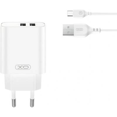 XO Универсално зарядно XO CE34 2x USB 2, 4A, 220V, с кабел USB-C - microUSB, Бяло (CE34)