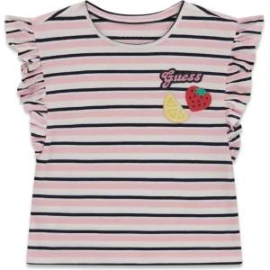 GUESS Раирана тениска в розово, бяло и черно за мини момиче с къдрички Guess