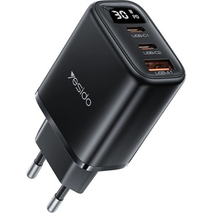 YESIDO Зарядно за стена - Yesido Wall Charger (YC69) - Дигитален дисплей, бързо зареждане, 2× Type-C, 30W - Черно