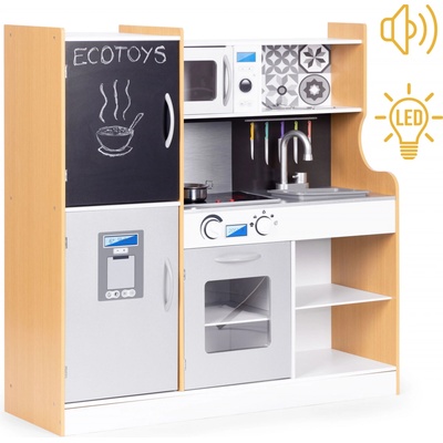 ECOTOYS Detská kuchynka so zvukom a LED tabuľou kovové MDF doplnky +3 roky