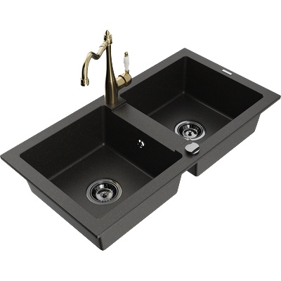 Mexen Mario гранитна кухненска мивка с 2 камери и смесител Carla, черен/златен металик - 6504-75-670700-50-B (6504-75-670700-50-B)