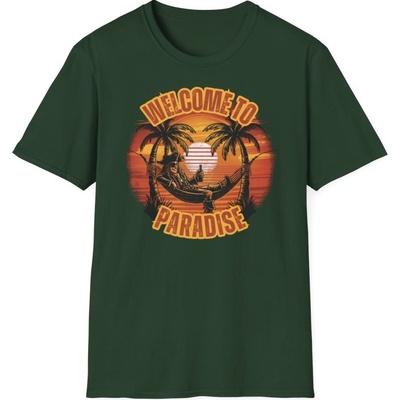 Plážové tričko s potiskem Welcome to Paradise Ráj na dosah! unisex Softstyle Forest Green