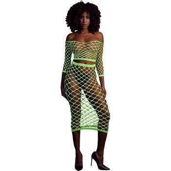 Ouch! Glow in the Dark Long Sleeve Crop Top and Long Skirt Neon Green S/M/L