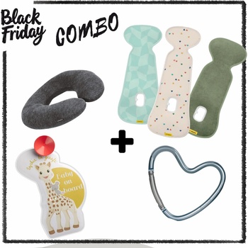 BF Combo: Dooky Original: 2 в 1 Възглавница за път + Софи жирафчето светещ знак "Baby on Board" + Dooky Original: Кукa за количка в цвят по избор + Air Layer Подложка против изпотяване по избор (DK-128100+DK-126972+S470213)