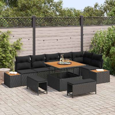 vidaXL Градински Софа Комплект с възглавница 9 pcs Черно Полиратан (3364874)