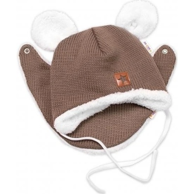 Baby Nellys pletená zimní čepice s kožíškem a šátkem Star hnědá