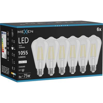 Mexen Vintis 6x LED филаментна крушка E27, ST64, 8W, Неутрална - 4000K, 1055 lm, прозрачна (L152-E27-0840-00x06)