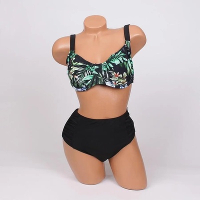 Макси бански в черно с екзотични листа и цветя - чашка d