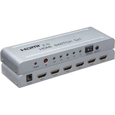 PremiumCord 4Kx2K@60Hz HDMI switch 5:1 kovový s diaľkovým ovládačom a napájacím adaptérom, khswit51e