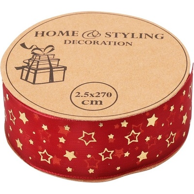 Stuha 2700x25mm potisk zlatý hvězda, houslový klíč s notami box mix, červená, zlatá