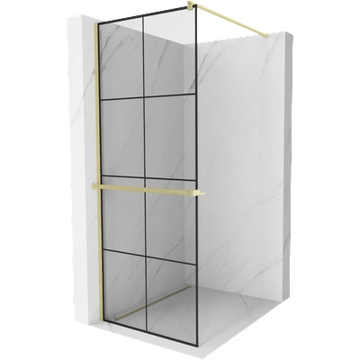 Mexen Kioto+ душ стена с рафт Walk-in 90 x 200 см, черна решетка, златисто четкано - 800-090-121-55-77 (800-090-121-55-77)