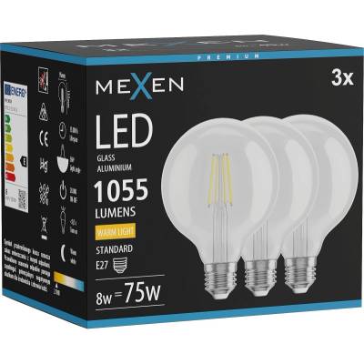 Mexen Vintis 3x LED филамент крушка E27, G95, 8W, Топла - 2700K, 1055 lm, прозрачна (L157-E27-0827-00x03)