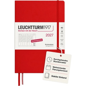 Leuchtturm1917 Weekly Planner 2027 Medium (A5) - German, Cherry, 210 x 145 mm, January-December (12 months), weekly overview with hourly grid 7: 00-22: 00 per column, hardcover, 80 g/m2 paper - 400147 (400147)