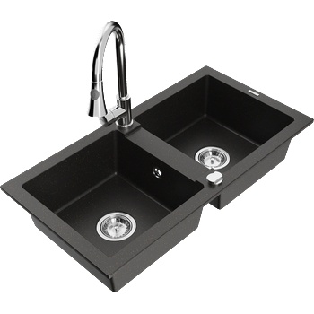 Mexen Mario гранитна мивка с 2 камери с кухненски смесител Elia, черно/златист металик - 6504-75-670101-00 (6504-75-670101-00)